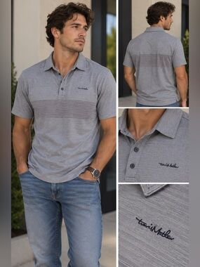 Travis Mathew Heathered Light Gray Polo with Subtle Horizontal Stripes